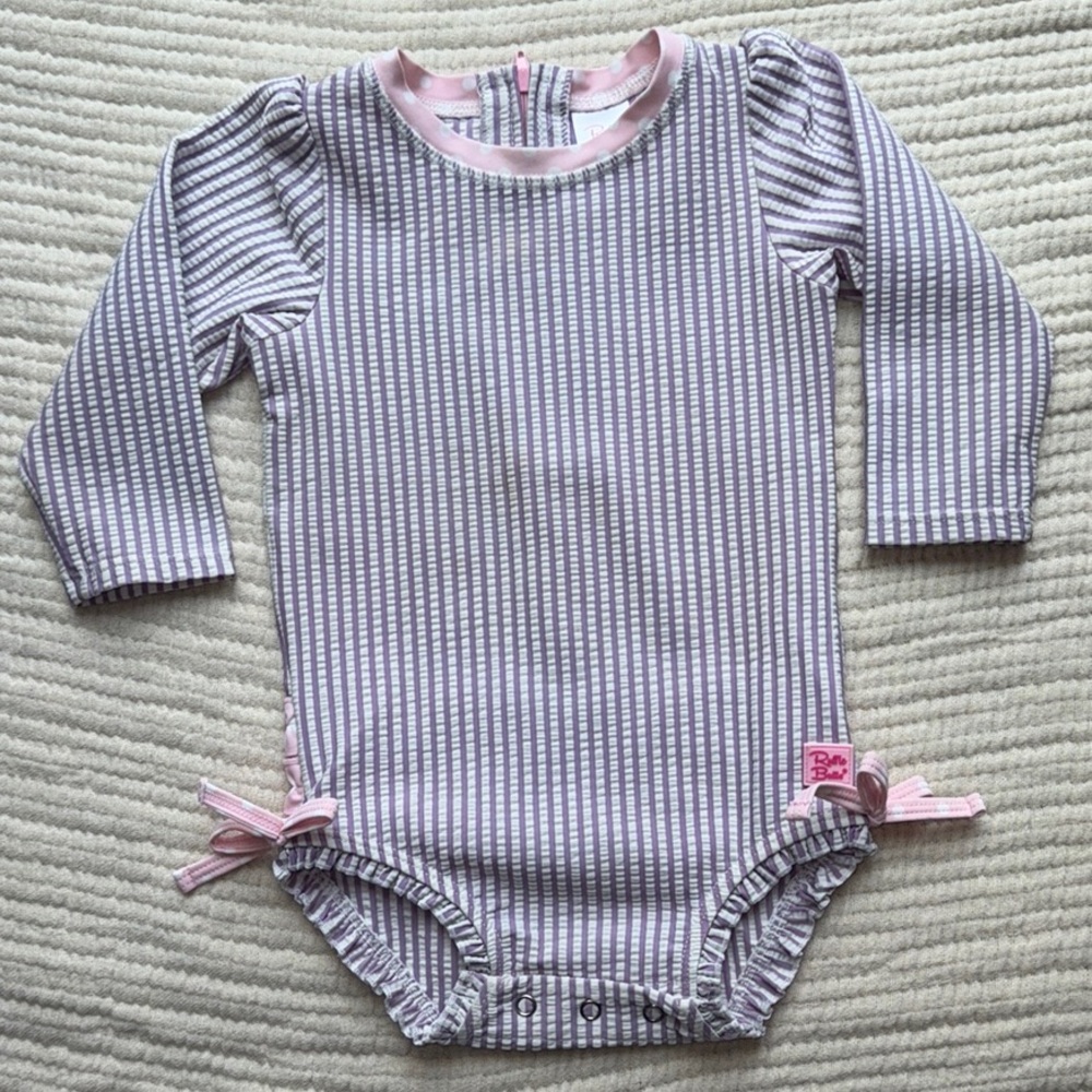 Ruffle Butts Long Sleeve Purple Seersucker Rashguard Bathingsuit